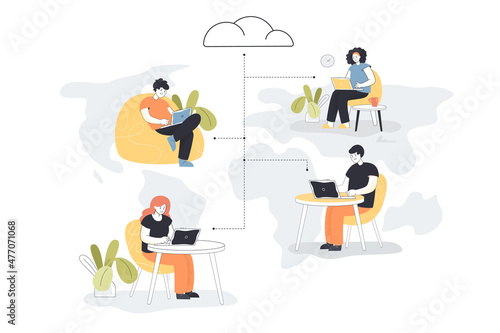 Remote work of employees team connected to global cloud system. Teamwork of tiny people using laptops at workplace and telecommuting flat vector illustration. Distant recruitment, workforce concept