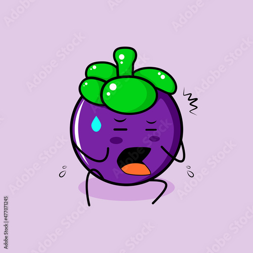 cute mangosteen character with afraid expression and sit down. green and purple. suitable for emoticon, logo, mascot or sticker