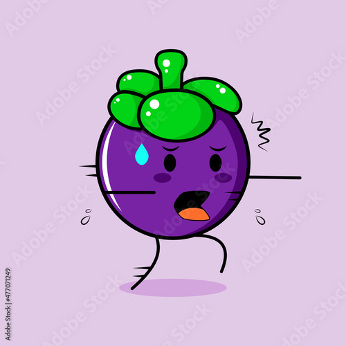 cute mangosteen character with afraid expression and run. green and purple. suitable for emoticon, logo, mascot or sticker