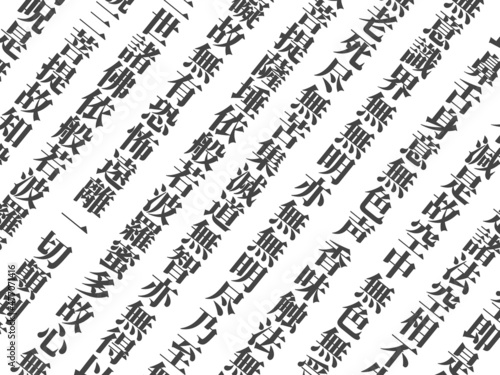 横長の紙に書かれた斜めの『般若心経』の一部のクローズアップ。仏教、宗教、東洋のイメージ素材。