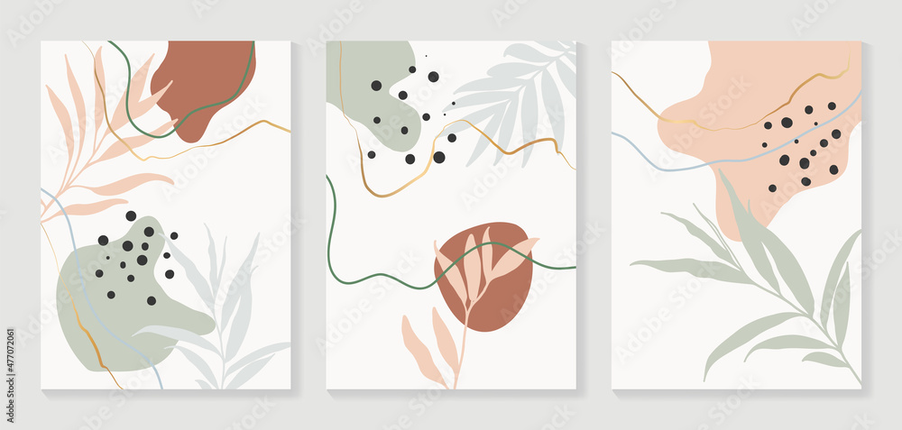 Botanical wall art vector set. Water color boho foliage line art drawing with  abstract shape.  Abstract Plant Art design for print, cover, wallpaper, Minimal and  natural wall art.