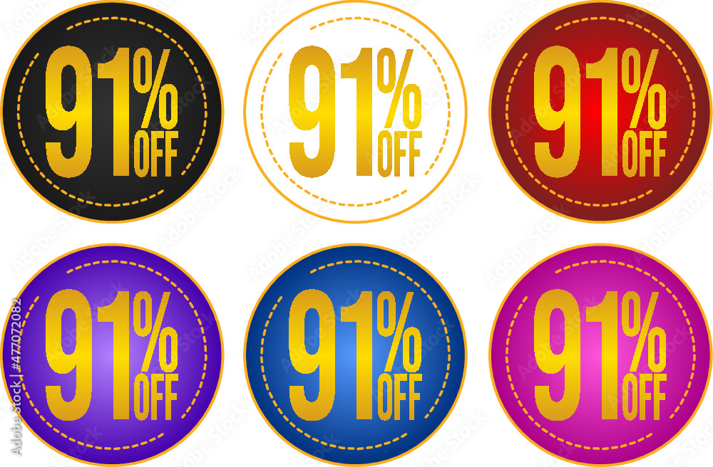 Set sale 91%off banners, discount tags, promotion stickers, vector illustration.	
