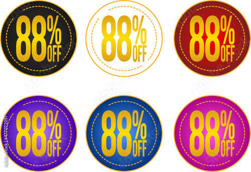 Set sale 88%off banners, discount tags, promotion stickers, vector illustration.	
