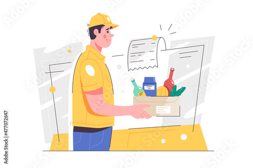 Guy food delivery service worker with product set
