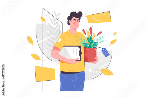 Smiling man courier character deliver flowers