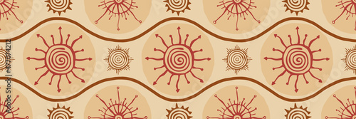 Ethnic background, sun symbols, vector design. Seamless pattern. 