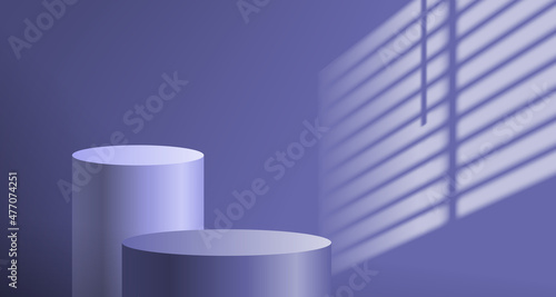 two cyliner podiums very peri  purple color of the year 2022  window light blinds shadow overlay effect mock up product presentation vector illustration