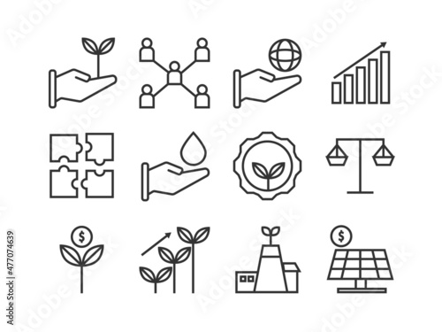 Set of environment, social, and governance(ESG)icons. Thin line icons such as sustainable ecological, save water and energy, honest people. Editable stroke. Pixel perfect 64x64 For web and mobile.