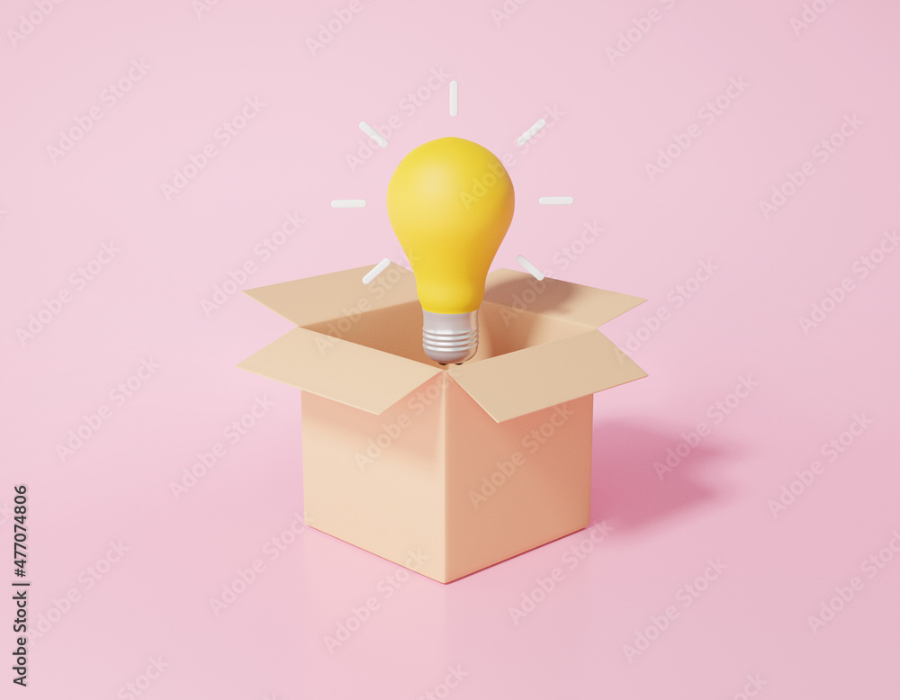 Startup idea concept. yellow light bulb floating on parcel box pink background competition combine investment, invention, project support. 3d render illustration Startup idea concept. yellow light bulb floating on parcel box pink background competition combine investment, invention, project support. 3d render illustration