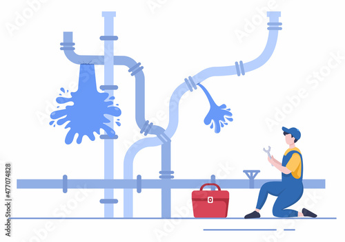Plumbing Service with Plumber Workers Repair, Maintenance Fix Home and Cleaning Bathroom Equipment in Flat Background Illustration