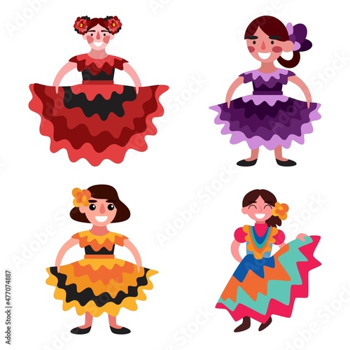Canvas Print Four Mexican women dancers in traditional dresses vector illustration