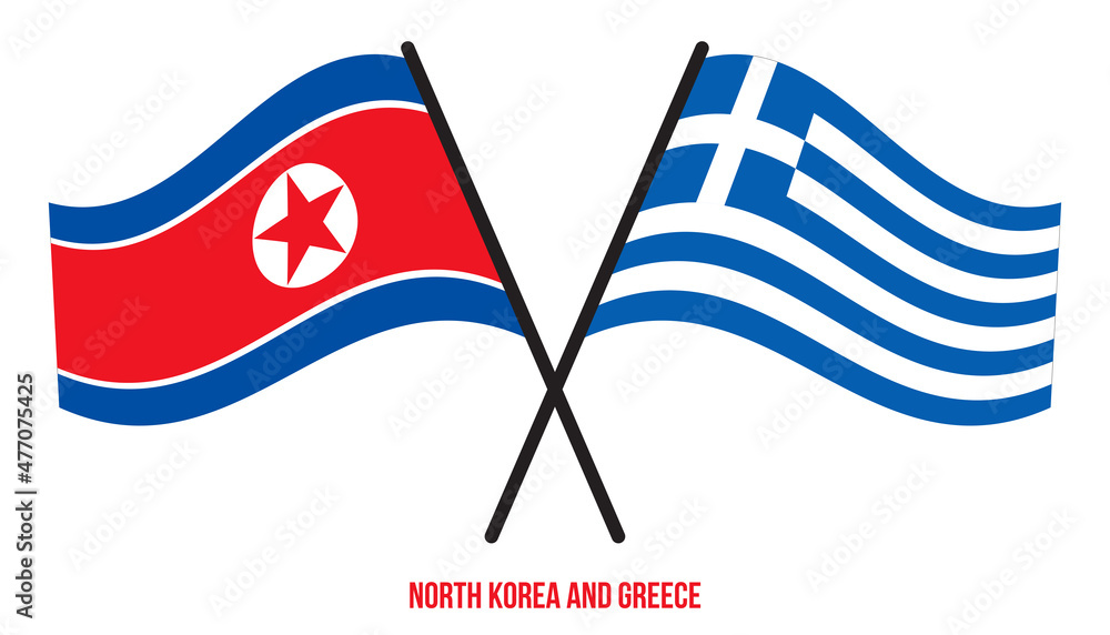 North Korea and Greece Flags Crossed And Waving Flat Style. Official Proportion. Correct Colors.