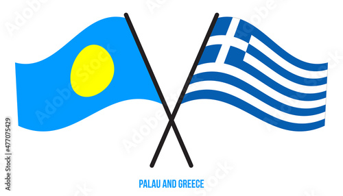 Palau and Greece Flags Crossed And Waving Flat Style. Official Proportion. Correct Colors.