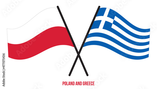 Poland and Greece Flags Crossed And Waving Flat Style. Official Proportion. Correct Colors.