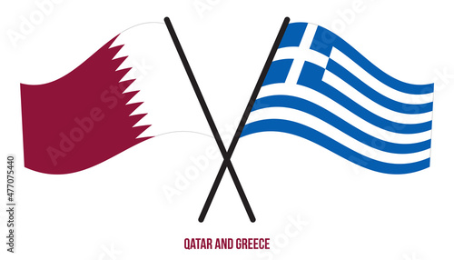 Qatar and Greece Flags Crossed And Waving Flat Style. Official Proportion. Correct Colors.
