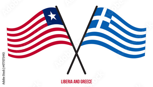 Liberia and Greece Flags Crossed And Waving Flat Style. Official Proportion. Correct Colors.