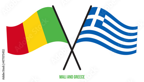 Mali and Greece Flags Crossed And Waving Flat Style. Official Proportion. Correct Colors.
