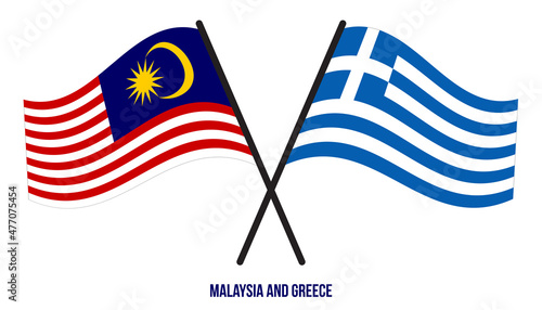 Malaysia and Greece Flags Crossed And Waving Flat Style. Official Proportion. Correct Colors.