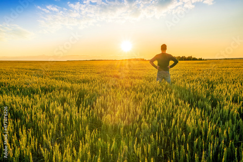 man looking at beautiful sunset and feeling joy in a wheaten shiny field with golden wheat and sun glow on the background, amazing sky and rows of wheat leading far away, valley landscape