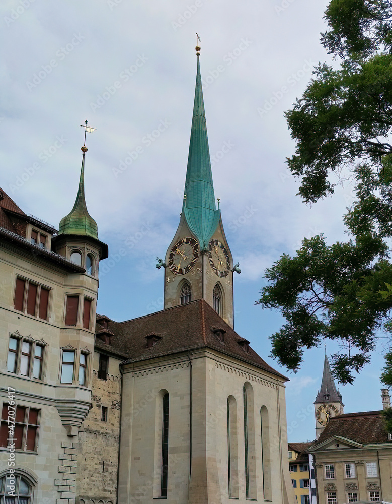 The largest church clock in Europe. Clock tower of the Fraumunster Church,  located at Zurich in north of Switzerland.