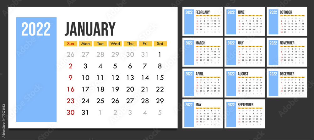 Monthly calendar template for 2022 year. Week Starts on Sunday. calendar in white and blue minimalist style. Monthly calendar template for 2022 year. Week Starts on Sunday. calendar in white and blue minimalist style.
