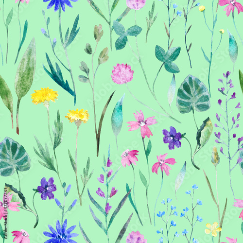 Watercolor seamless pattern with wild meadow flowers. Original hand drawn nature print for decor and textile design. © Yuliya