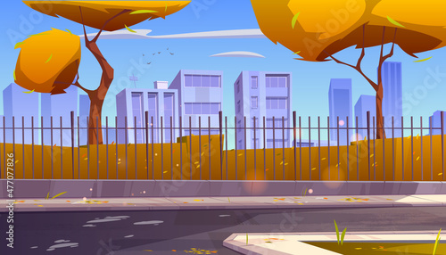 City skyline, autumn urban background with skyscrapers, yellow trees, road and tiled pathway along metal fence. Fall cityscape, downtown district with residential buildings Cartoon vector illustration