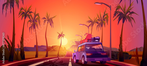 Tropical landscape with car with luggage on road with palm trees at sunset. Vector cartoon illustration of summer travel, scene with auto with suitcases, highway and mountains on horizon at evening