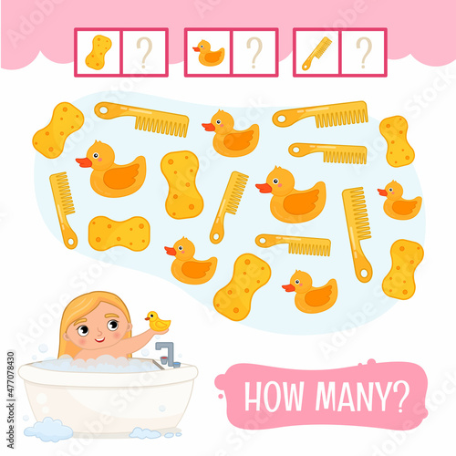 Counting educational children game, math kids activity sheet. How many objects task. Illustration of a cute little girl bathes in the bathroom.