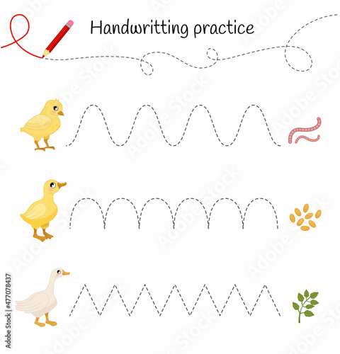 Handwriting practice sheet. Basic writing. Educational game for children. Feed the chickens and ducklings.