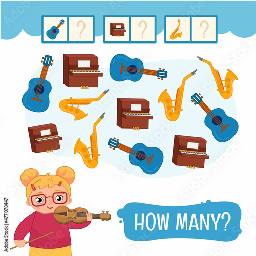 Counting educational children game, math kids activity sheet. How many objects task.Cute little girl playing the violin.