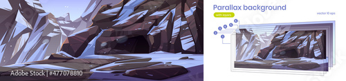 Mountain with entrance to dark cave or mine. Vector parallax background for 2d animation with cartoon illustration of winter landscape with rocks, snow and deep stone cavern