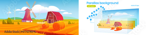 Rural landscape with hay bales on agriculture field, farm barn, windmill and wind turbines. Vector parallax background for 2d animation with cartoon illustration of countryside, farmland