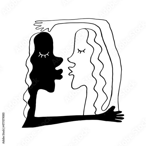 Abstract kiss and hug. Line art, doodle. Vector clipart, sign, element of design for interracial marriage theme, greeting cards, Valentine's day