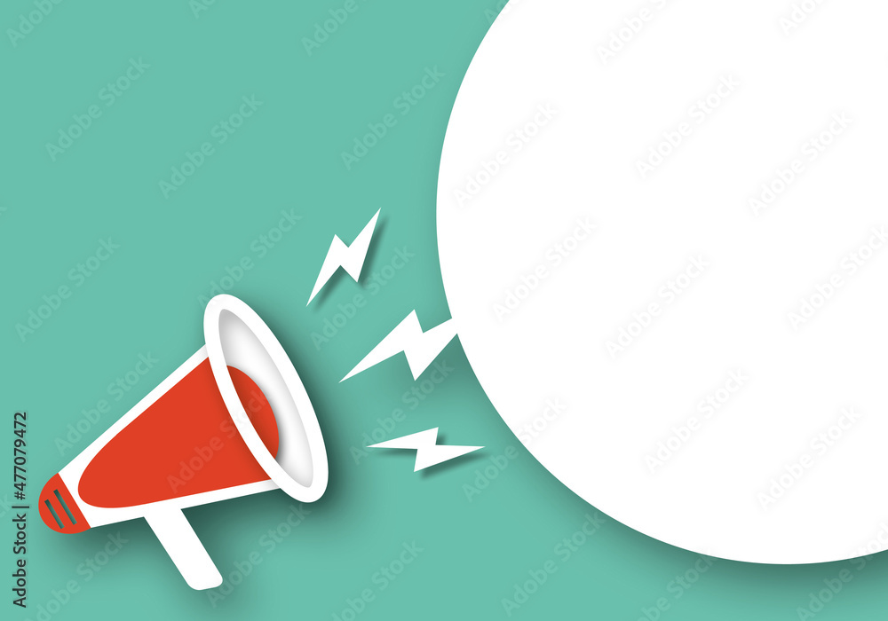 Megaphone Flash Card.pdf Red megaphone with white speech card and flash symbol on pastel green ...