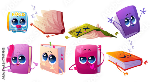 Cute books characters with bookmarks and faces. Vector cartoon icons set of happy funny paper literature and alphabet for babies isolated on white background