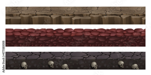 Game grounds with seamless texture of dry soil, red stones and rock land with fossil human skulls. Vector cartoon set of platforms for game levels, cracked desert and dirt landscapes