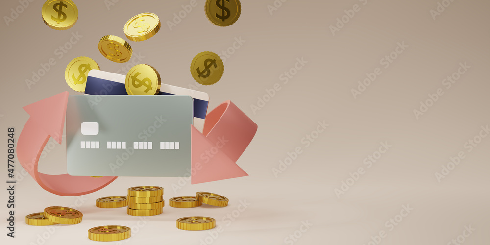3D render cash back icon with gold coins and cradit cards. cashback or Refund money service design with copy space for texts or messages. Online payment. Income, savings, investment,3d rendering.