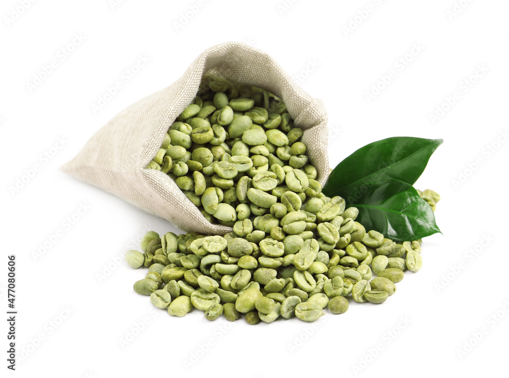 Overturned sackcloth bag with green coffee beans and leaves on white background Overturned sackcloth bag with green coffee beans and leaves on white background