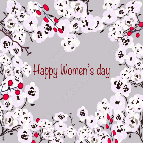 March 8 Happy Women's Day. Beautiful background with white flowers. Vector illustration for cards, posters, coupons, promotional materials.
