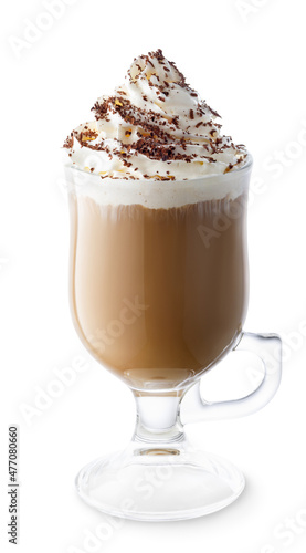 coffee with whipped cream and grated chocolate in glass cup isolated