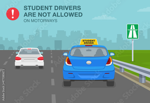 Traffic rules on highway, speedway, motorway. Student drivers are not allowed on expressway. Back view of a blue sedan car with yellow learner plate. Flat vector illustration template.