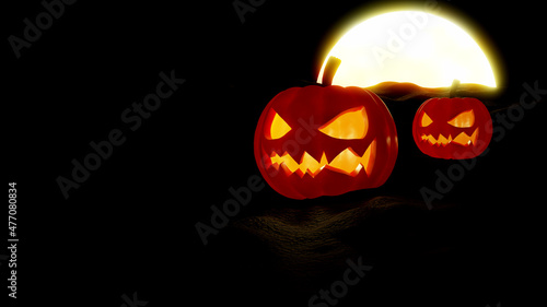 Jack O lanterns Halloween pumpkin scary face with glowing orange light on dark land and super full moon night 3D rendering in cartoon character for autumn October with copy space