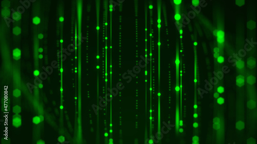 Abstract Futuristic Art Green Shine Blurry Focus Glowing Vertical Digital Dots And Lines Curtain Background