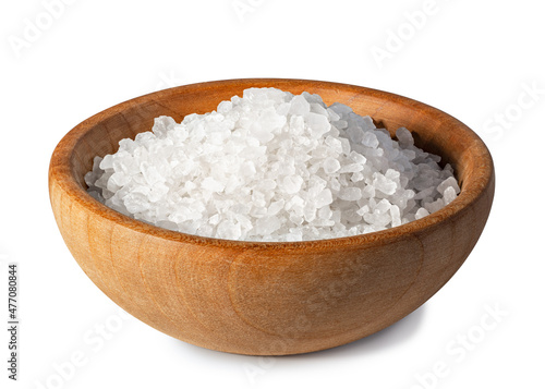 sea salt in wooden bowl isolated on white