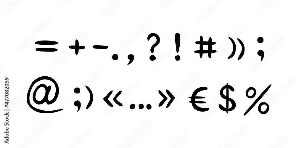 Vector hand written punctuation marks, black flat vector illustration, isolated on white background Vector hand written punctuation marks, black flat vector illustration, isolated on white background