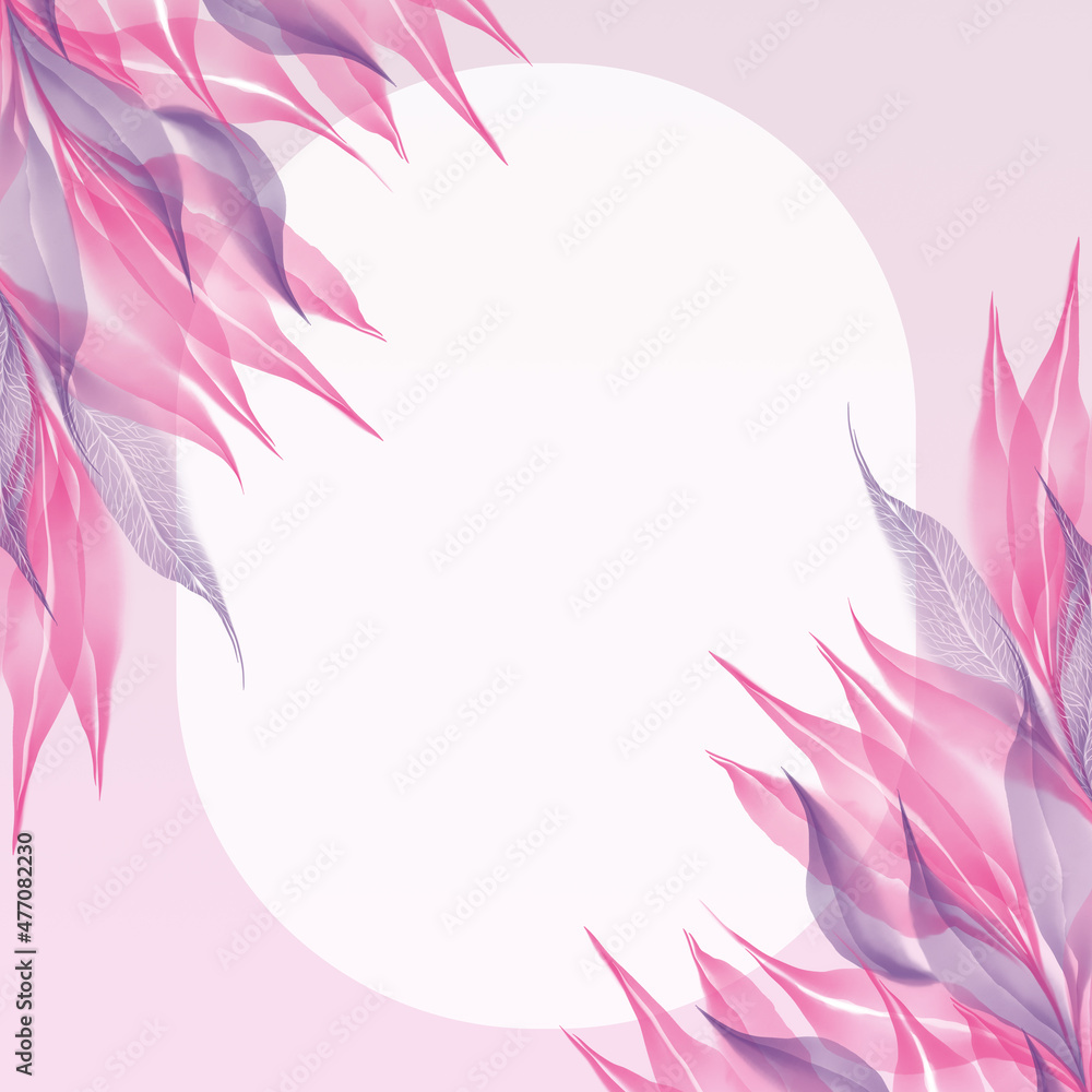 Fototapeta premium Pink purple violet transparent skeleton leaf circle frame border composition isolated on white background watercolor digital art