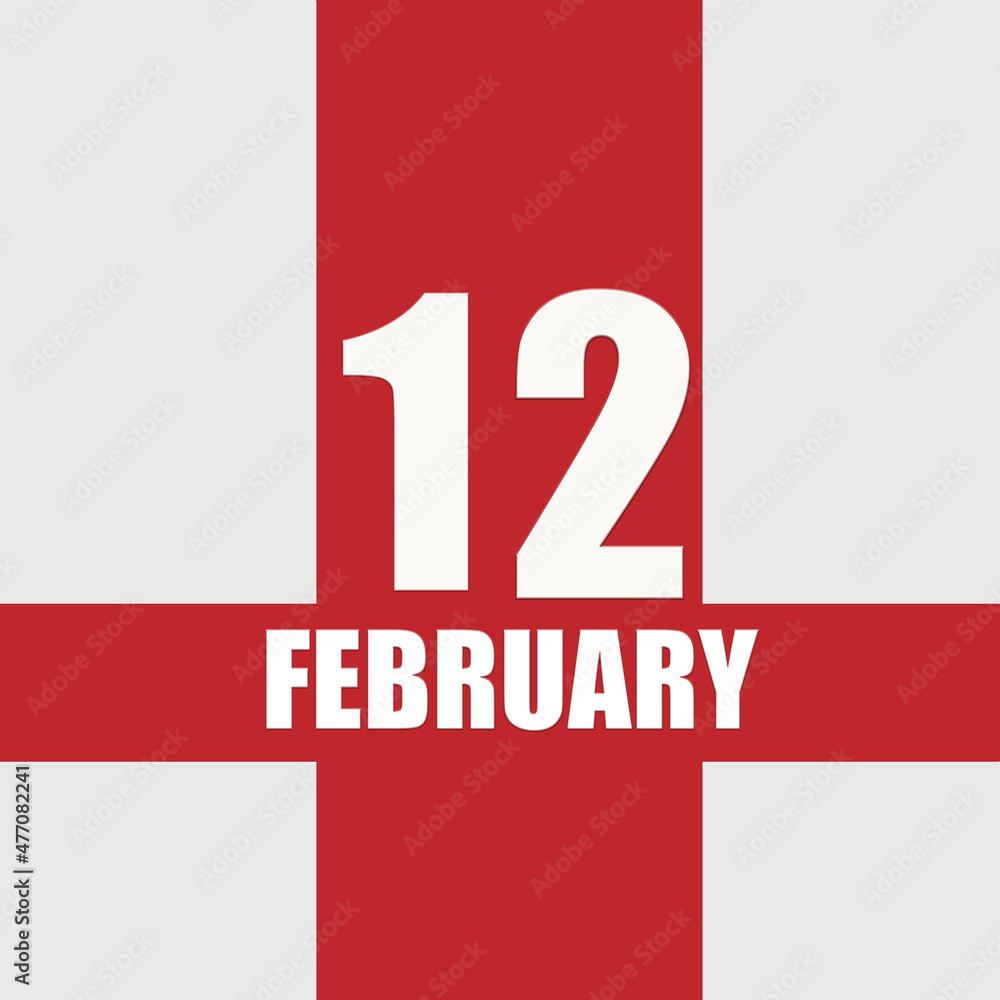 february 12. 12th day of month, calendar date.White numbers and text on red intersecting stripes. Concept of day of year, time planner, winter month. february 12. 12th day of month, calendar date.White numbers and text on red intersecting stripes. Concept of day of year, time planner, winter month.
