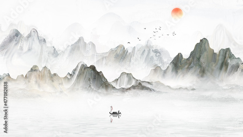 Photography New Chinese blue artistic conception landscape painting