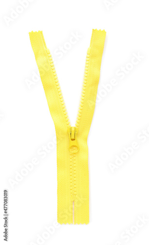 Yellow zipper isolated on white, top view